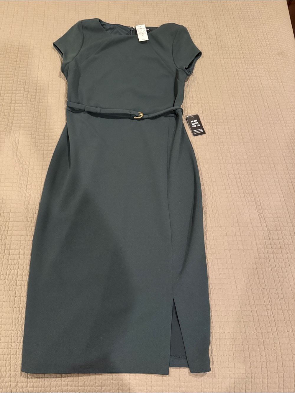 Express Dark Green Belted Midi Sheath Dress